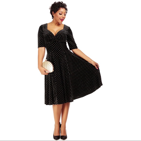 COLLECTIVE Velvet Glitter Polka Dot Print Swing Dress, Retro Pinup - Picture 1 of 5